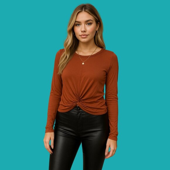 🧡 Eileen Fisher Rust Twist-Front Long Sleeve Top (Size L)  Effortlessly Chic - Picture 1 of 6